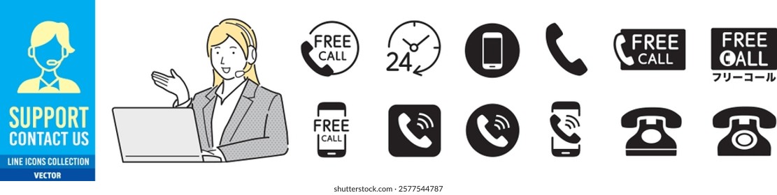 customer support woman with free number icons of telephone