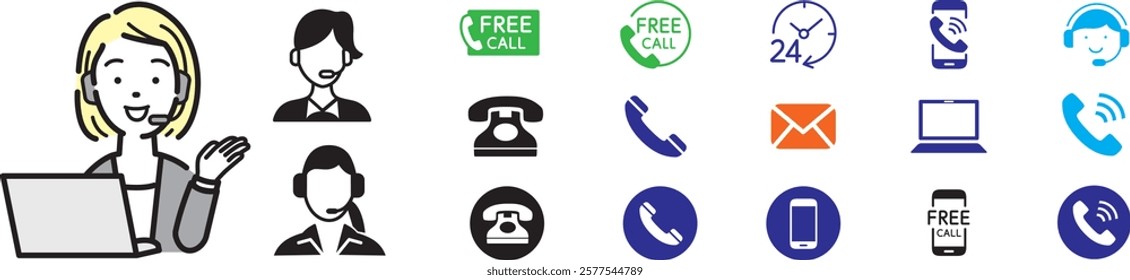 customer support woman with free number icons of telephone