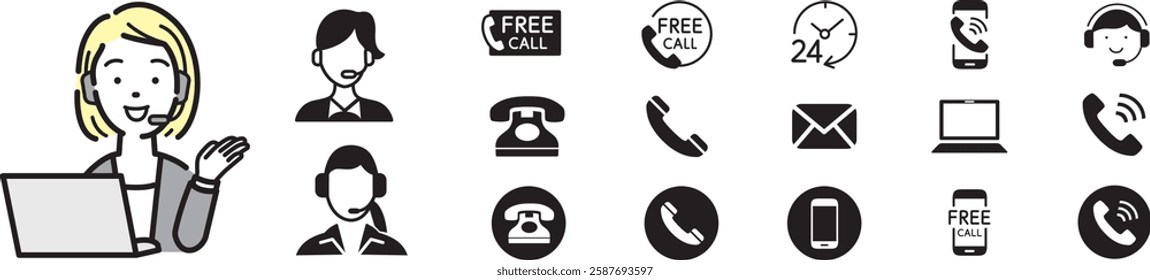 customer support woman with free number icons of telephone