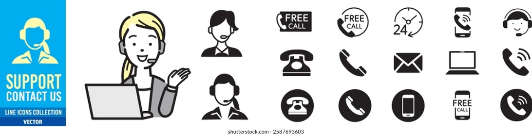 customer support woman with free number icons of telephone