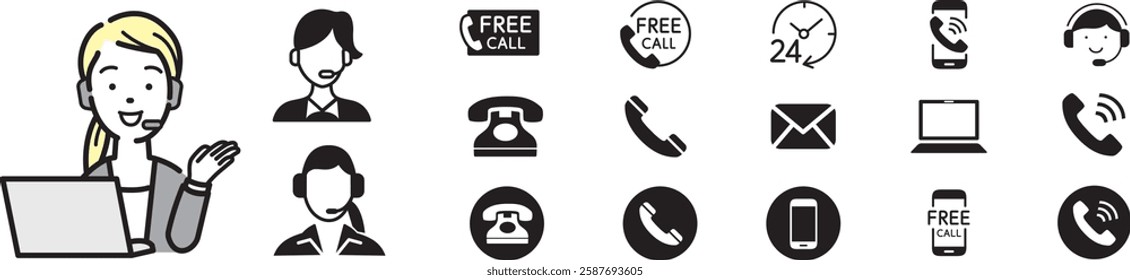 customer support woman with free number icons of telephone