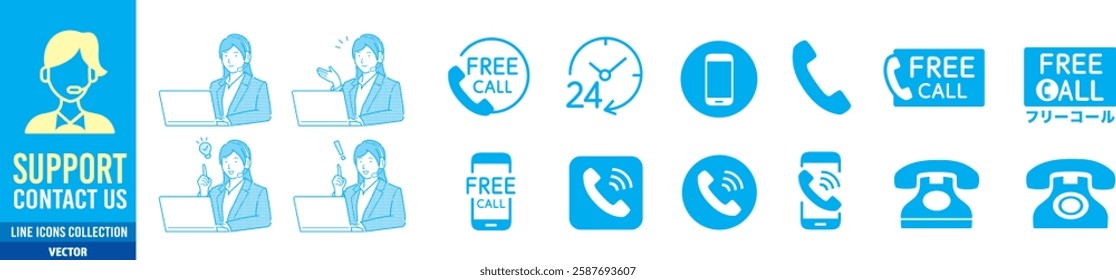 customer support woman with free number icons of telephone