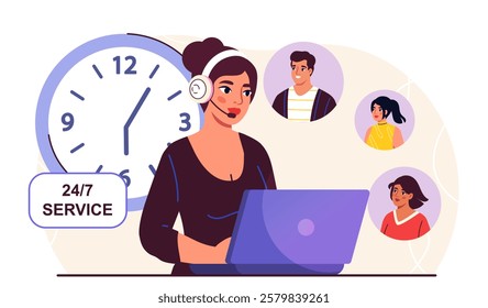 Customer support woman. Young girl wearing headset communicates with clients. Hotline operator and support service. Business communication and feedback. Flat vector illustration