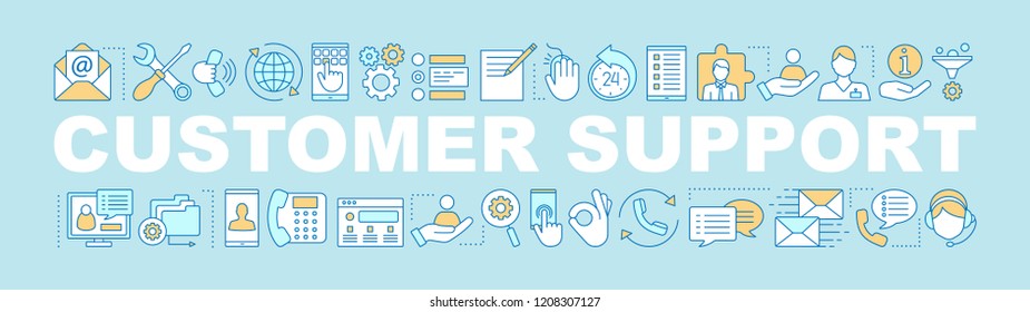 Customer support word concepts banner. Client service. Technical support, call center, customer retention. Isolated lettering typography idea with linear icons. Vector outline illustration
