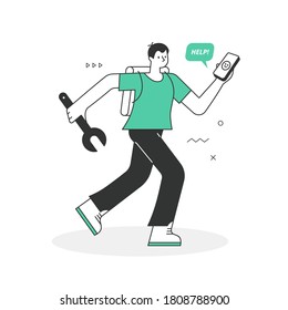 Customer support worker rushing to assist a client with their problem. Concept of helping customers to resolve their problems. Scenes from the world of business and technology