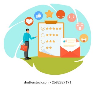 Conceito de pesquisa de cliente. Homem com pesquisa na área de transferência papel, celular e e-mail, analisando o relatório de satisfação do usuário ou questionário.