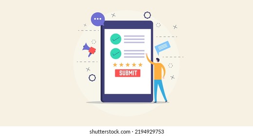 Customer survey concept, Customer providing online feedback via smartphone, mobile survey form - flat design vector illustration with icons and characters