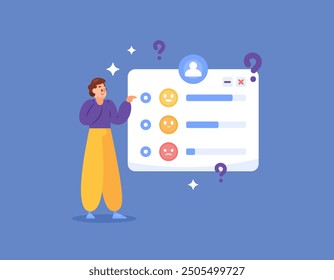 customer survey concept. customer satisfaction rating and voting. client questionnaire and feedback. illustration of a man giving his satisfaction rating. emoticons. flat style design. elements