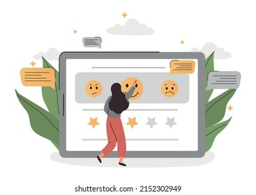 Customer survey concept. Young girl on tablet shows her opinion about product or service. Digital world and modern technologies. Feedback and users opinions. Cartoon flat vector illustration