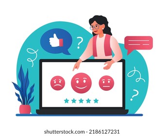 Customer survey concept. Young girl shares her emotions from product or service. Modern marketing methods, feedback, ranking and rating. Client opinion metaphor. Cartoon flat vector illustration