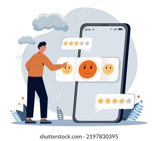 Customer survey concept. Young guy next to smartphone chooses reaction. User evaluates product or service, feedback, rating and ranking. Opinion and information. Cartoon flat vector illustration