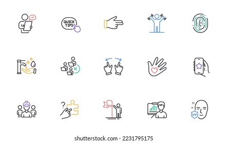 Customer survey, Engineering team and Favorite app line icons for website, printing. Collection of Social responsibility, Uv protection, Fingerprint icons. Leadership, Click hand. Vector