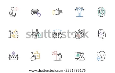 Customer survey, Engineering team and Favorite app line icons for website, printing. Collection of Social responsibility, Uv protection, Fingerprint icons. Leadership, Click hand. Vector
