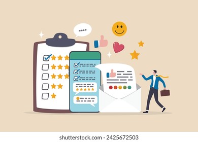 Customer survey, feedback to improve service, online and offline survey, review or poll rating, user satisfaction report or questionnaire concept, man with survey on clipboard paper, mobile and email.