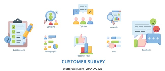 Customer Survey Flat Banner Web Icon Set Vector Illustration