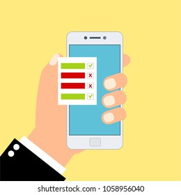Customer survey flat vector illustration. Human hand holding black phone with survey. Checkbox with options to choose. Feedback pr opinion concept.