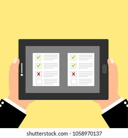 Customer survey flat vector illustration. Human hand holding black tablet with survey. Checkbox with options to choose. Feedback pr opinion concept.