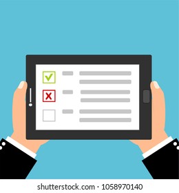 Customer survey flat vector illustration. Human hand holding black tablet with survey. Checkbox with options to choose. Feedback pr opinion concept.