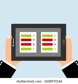 Customer survey flat vector illustration. Human hand holding black tablet with survey. Checkbox with options to choose. Feedback pr opinion concept.