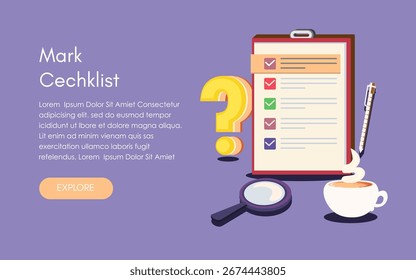 Formulário de pesquisa de cliente. Marca de Seleção na Lista de Verificação. Ilustração de vetor isométrico plano com ponto de interrogação grande. Conceito de banner de pesquisa online
