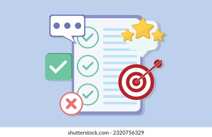 Customer survey form. Clipboard task management. Business project plan concept. Target marketing. Report with quality rating.