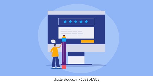 Customer survey form online, Customer sharing feedback through online survey, Business taking customer feedback online - vector illustration background with icons