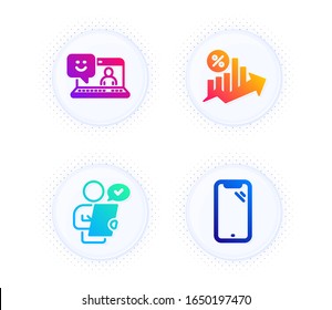 Customer survey, Loan percent and Smile icons simple set. Button with halftone dots. Smartphone sign. Contract, Growth chart, Laptop feedback. Phone. Technology set. Vector
