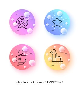 Customer survey, Luggage belt and Archery minimal line icons. 3d spheres or balls buttons. Rank star icons. For web, application, printing. Contract, Arrival baggage, Attraction park. Vector