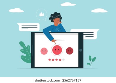 Customer survey satisfaction concept. Person providing positive feedback on a tablet, representing customer reviews and user experience.