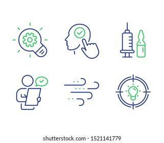 Cliente Encuesta, Clima ventoso y Seleccionar conjunto de iconos de línea de usuario. Rueda dentada, vacunación médica y signos de la idea. Contrato, viento, cabeza con Casilla de verificación. Idea de bombilla. Conjunto de Ciencia. Vector