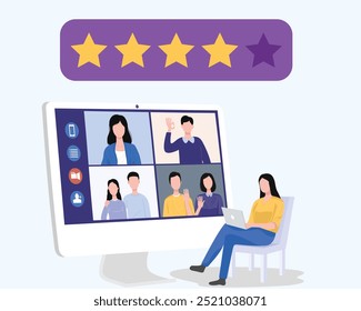 customer surveys, encourage customer feedback on delivered products and services, organize customer meetings, or analyze comments. Business meeting with customer review online meeting online class