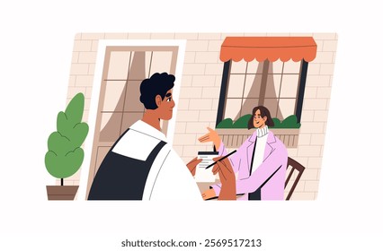 Customer at the table outside restaurant makes order. Coffeehouse waiter takes notes on paper. Woman sits on cafe terrace to eating outdoors. Flat isolated vector illustration on white background