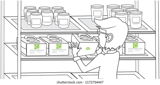Customer taking a cake box from the shelf bakery shop jam jelly juice mayonnaise cheese