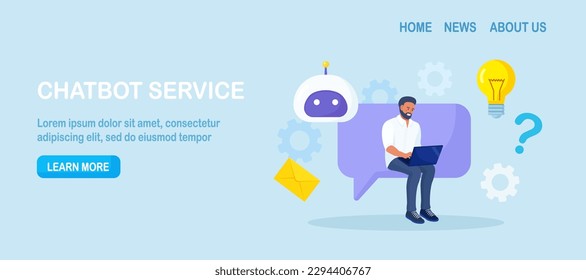 Customer talking with chatbot. Person chatting with robot, asking questions and receiving answers. Artificial Intelligence in marketing. FAQ. Chat bot virtual assistant. Customer support