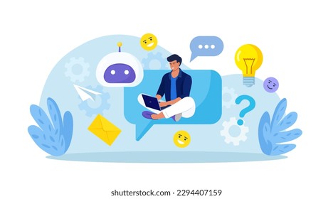 Der Kunde spricht mit dem Chatbot. Person chattet mit Roboter, stellt Fragen und erhält Antworten. Künstliche Intelligenz im Marketing. FAQ. Chatten Sie einen virtuellen Assistenten. Kundensupport