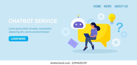 Cliente hablando con chatbot. Persona conversando con un robot, haciendo preguntas y recibiendo respuestas. Inteligencia artificial en marketing. Preguntas frecuentes. Asistente virtual de bot de chat. Asistencia al cliente