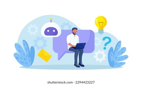 Der Kunde spricht mit dem Chatbot. Person chattet mit Roboter, stellt Fragen und erhält Antworten. Künstliche Intelligenz im Marketing. FAQ. Chatten Sie einen virtuellen Assistenten. Kundensupport