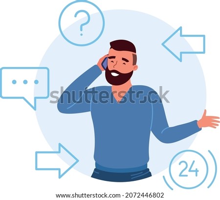 Customer talking phone. Man calling in client service support, vector illustration isolated on white background