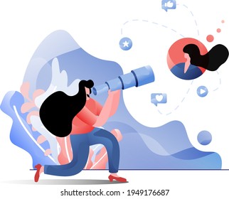 Customer Target flat illustration concept of a woman looking for the best consumers using binoculars, perfect for landing pages, templates, UI, web, mobile app, posters, banners, flyers. vector
