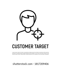 Icono de línea delgada de destino del cliente. Optimización de la audiencia. Estrategia de mercado. Ilustración vectorial.