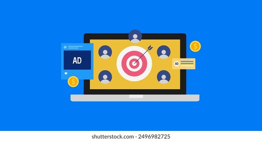 Customer targeting ad technology, Targeting specific group of customers through digital advertising campaign, Behavioral target marketing - vector illustration with icons