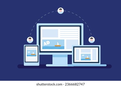 Customer re targeting, audience re marketing, digital display advertising network, digital ad campaign - vector illustration with icons
