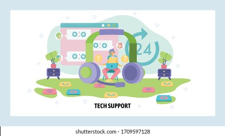 Customer tech support service. Call center, headphones, tech hotline. Business communication, contact us. Vector web site design template. Landing page website illustration.
