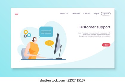 Customer technical support service landing template website page flat vector illustration, contact us concept internet web banner.