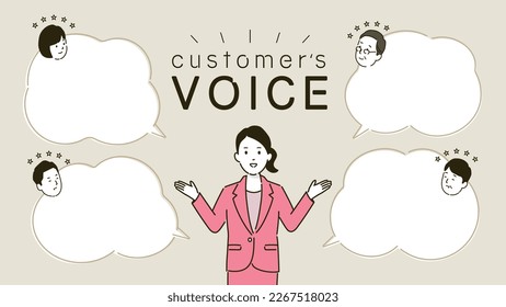 Customer testimonial design template, illustration of a smiling woman and a round wipeout, vector