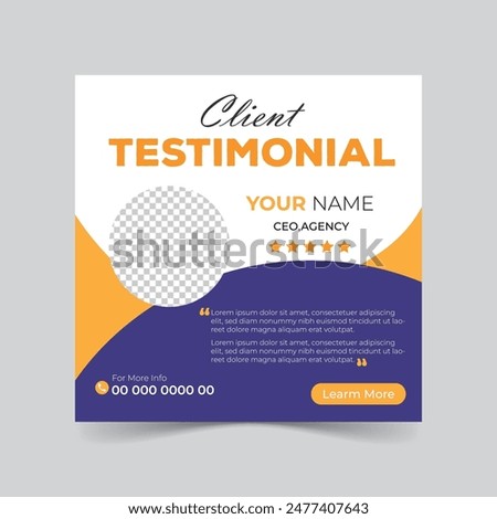 A customer testimonial template vector with star ratings. Client testimonials template in dark gray and yellow. Vector layout for customer comments or testimonials.