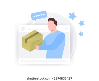 Concepto de vídeo de testimonios de clientes. El video de retroalimentación con feliz comprador cuenta su experiencia positiva de compra y producto. Estrategia de marketing para atraer nuevos clientes