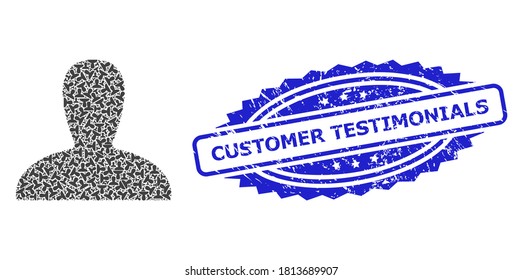 Customer Testimonials corroded seal and vector recursive collage spawn persona. Blue stamp seal includes Customer Testimonials tag inside rosette.