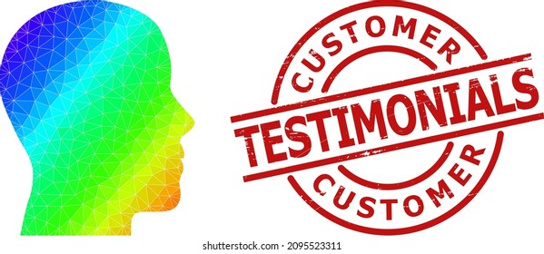 Kundenreferenzen korrodierten Stempeln und Low-Poly-Spektrum-Farben Mannprofil Symbol mit Farbverlauf. Der rote Stempel enthält eine Bildunterschrift von Kunden-Testimonials in Rundungen und eine Vorlage für Linien.