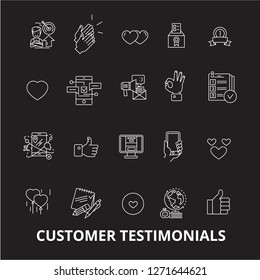 Customer testimonials editable line icons vector set on black background. Customer testimonials white outline illustrations, signs, symbols